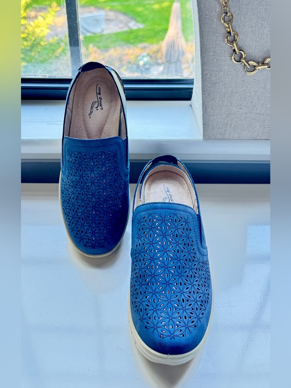 easy street Blue Laser-Cut Slip-On Loafers